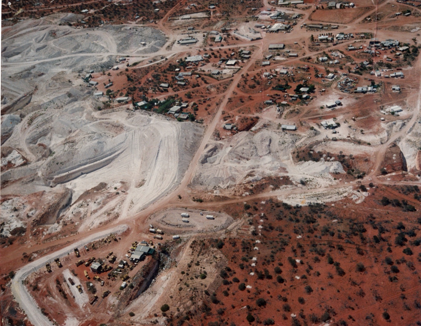 Aerial photograph of Mintabie township and opal workings, circa 1990