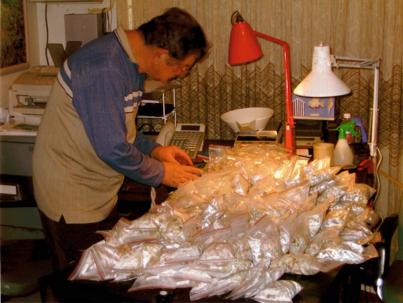Emmanuel Christianos at a desk covered in bags of Mintabie rough opal, preparing a parcel for the Tucson gem show